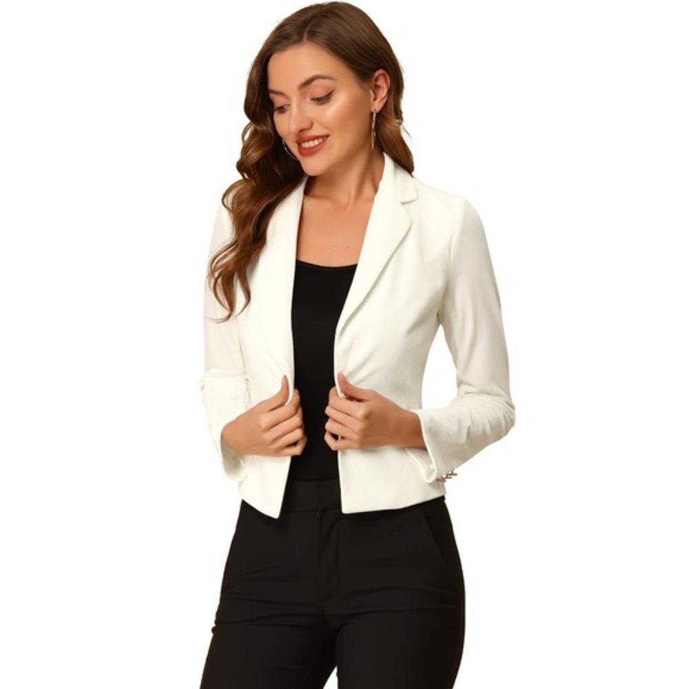 NWT Allegra K Ivory Velvet‎ Crop Blazer 1 Button Lapel Jacket XS